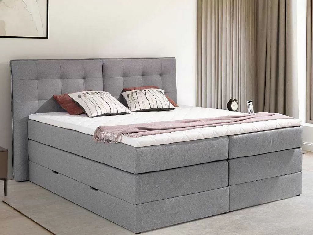 Cama Boxspring, Cama Continental*Palacio Conjunto Boxspring Cabeceira De Cama + Sommiers Com Arrumação + Colchão + Sobrecolchão, 160 X 200 Cm, Tecido Cinzento-Claro - Perama Da