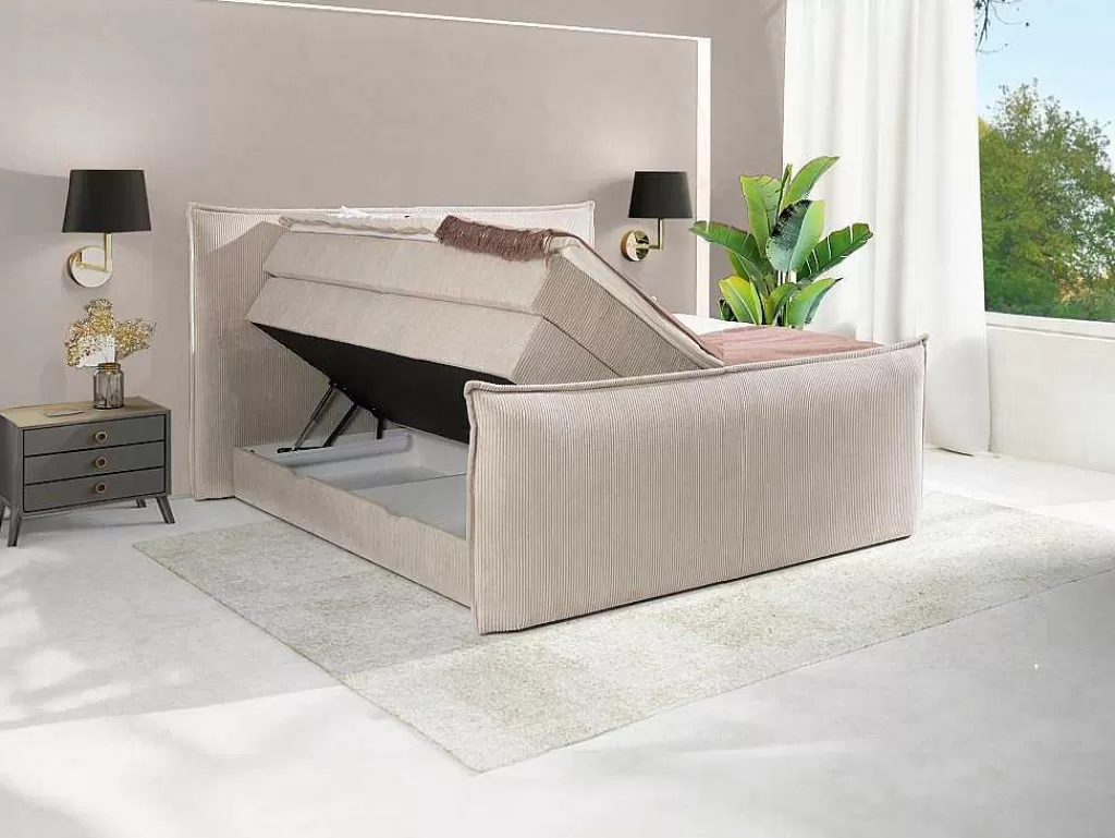 Cama Boxspring, Cama Continental*Palacio Conjunto Boxspring Cabeceira De Cama + Sommiers Com Espaco De Arrumação + Colchão + Sobrecolchão 2 X 80 X 200 Cm Veludo Canelado Marfim - Rhoda Da
