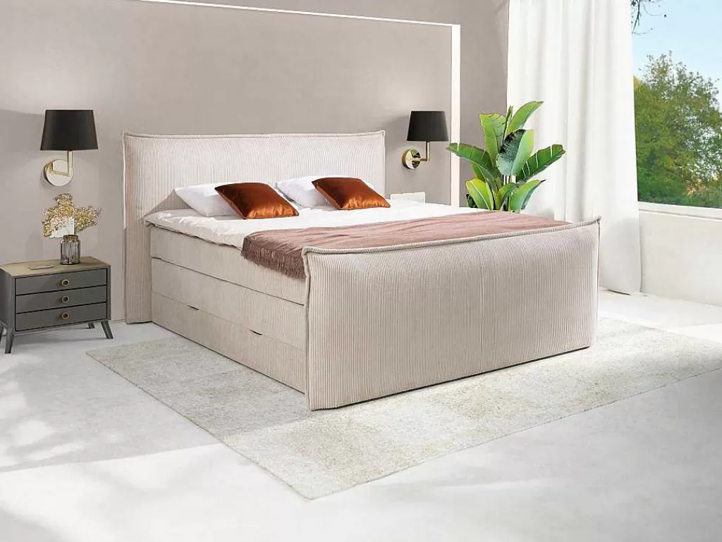 Cama Boxspring, Cama Continental*Palacio Conjunto Boxspring Cabeceira De Cama + Sommiers Com Espaco De Arrumação + Colchão + Sobrecolchão 2 X 80 X 200 Cm Veludo Canelado Marfim - Rhoda Da