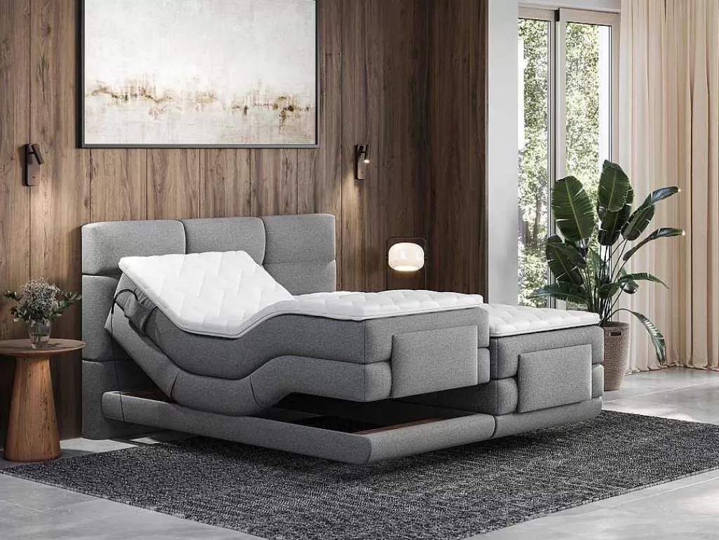 Cama De Adulto*Palacio Conjunto Boxspring Cabeceira De Cama Acolchoada, Sommier Articulado Eletrico + Colchão + Sobrecolchão 2 X 80 X 200 Cm Cinzento-Claro - Lodi Da