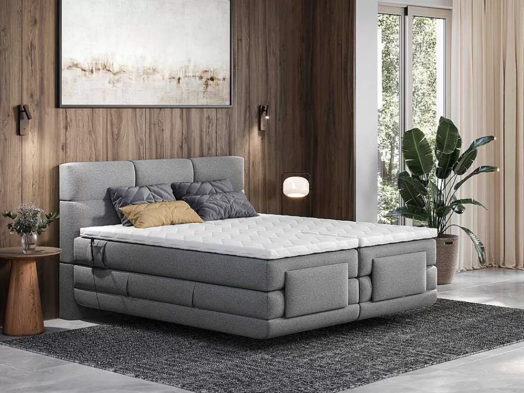 Cama De Adulto*Palacio Conjunto Boxspring Cabeceira De Cama Acolchoada, Sommier Articulado Eletrico + Colchão + Sobrecolchão 2 X 80 X 200 Cm Cinzento-Claro - Lodi Da