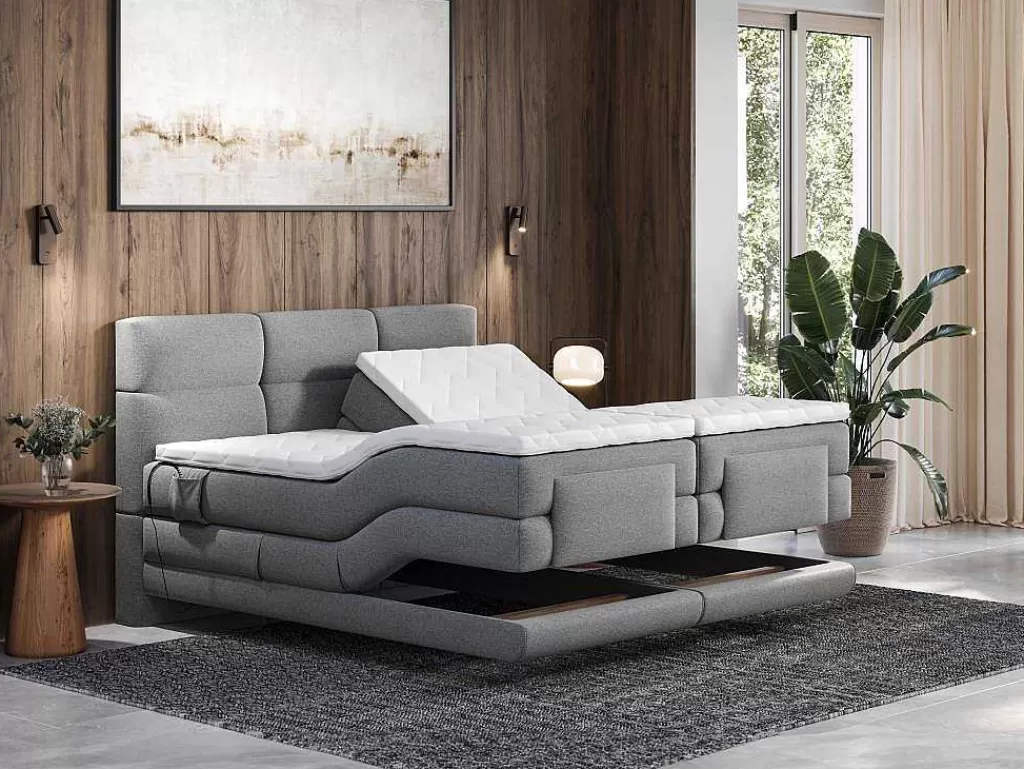 Cama De Adulto*Palacio Conjunto Boxspring Cabeceira De Cama Acolchoada, Sommier Articulado Eletrico + Colchão + Sobrecolchão 2 X 80 X 200 Cm Cinzento-Claro - Lodi Da