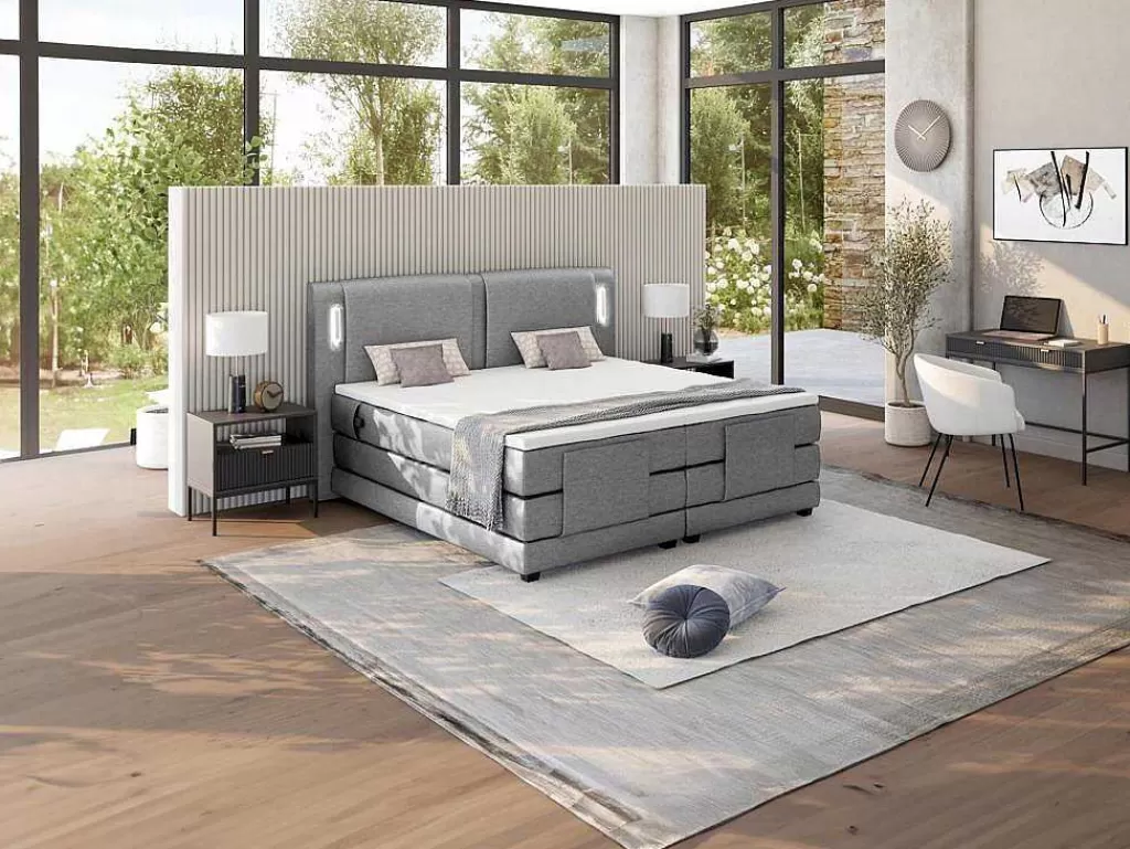 Cama Articulada*Palacio Conjunto Boxspring Cabeceira De Cama Com Leds + Sommier Articulado Eletrico + Colchão + Sobrecolchão 2 X 80 X 200 Cm Tecido Cinzento - Astemi Da