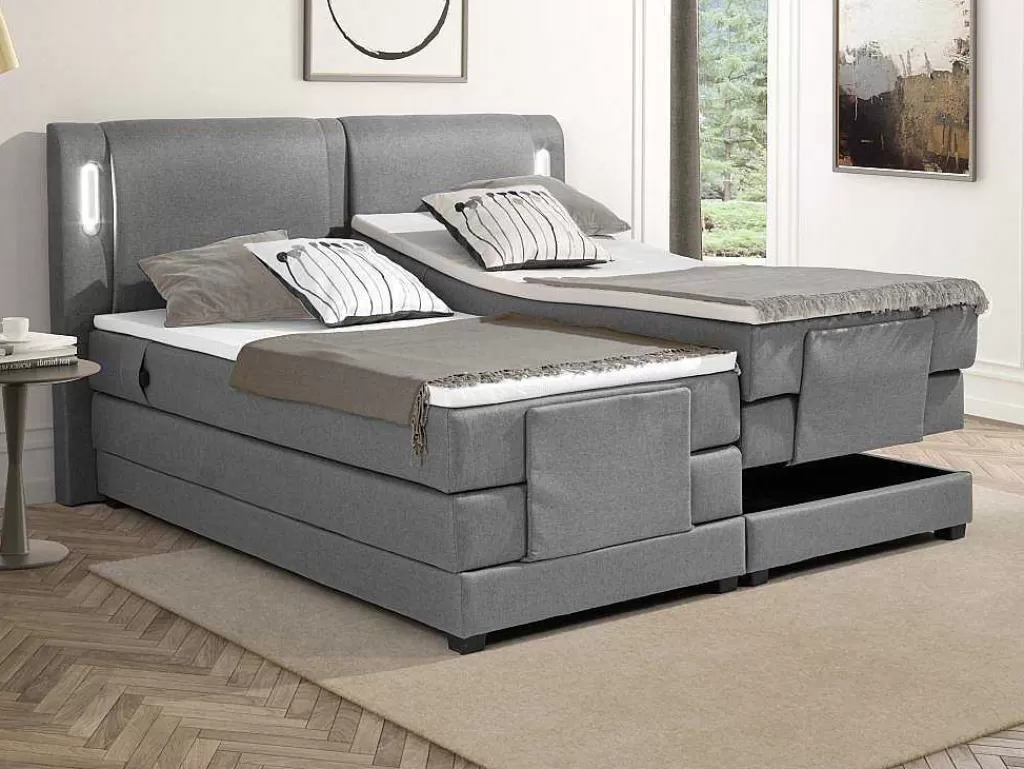 Cama Articulada*Palacio Conjunto Boxspring Cabeceira De Cama Com Leds + Sommier Articulado Eletrico + Colchão + Sobrecolchão 2 X 80 X 200 Cm Tecido Cinzento - Astemi Da