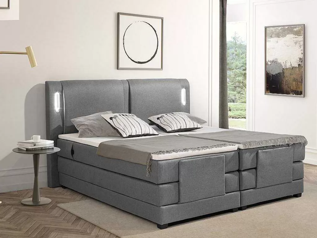 Cama Articulada*Palacio Conjunto Boxspring Cabeceira De Cama Com Leds + Sommier Articulado Eletrico + Colchão + Sobrecolchão 2 X 80 X 200 Cm Tecido Cinzento - Astemi Da