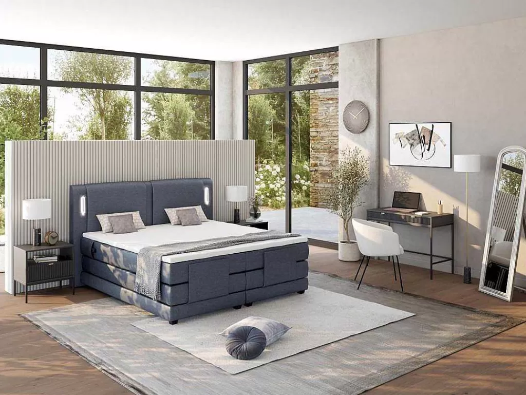 Cama Articulada*Palacio Conjunto Boxspring Cabeceira De Cama Com Leds + Sommier Articulado Eletrico + Colchão + Sobrecolchão 2 X 90 X 200 Cm Tecido Azul - Astemi Da