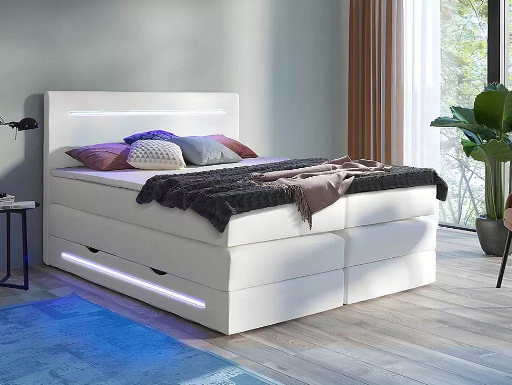 Cama Boxspring, Cama Continental*DREAMEA Conjunto Boxspring: Cabeceira, Sommier Com Arrumação, Colchão + Sobrecolchão, 160 X 200 Cm, Branco, Pele Sintética - Keros Da