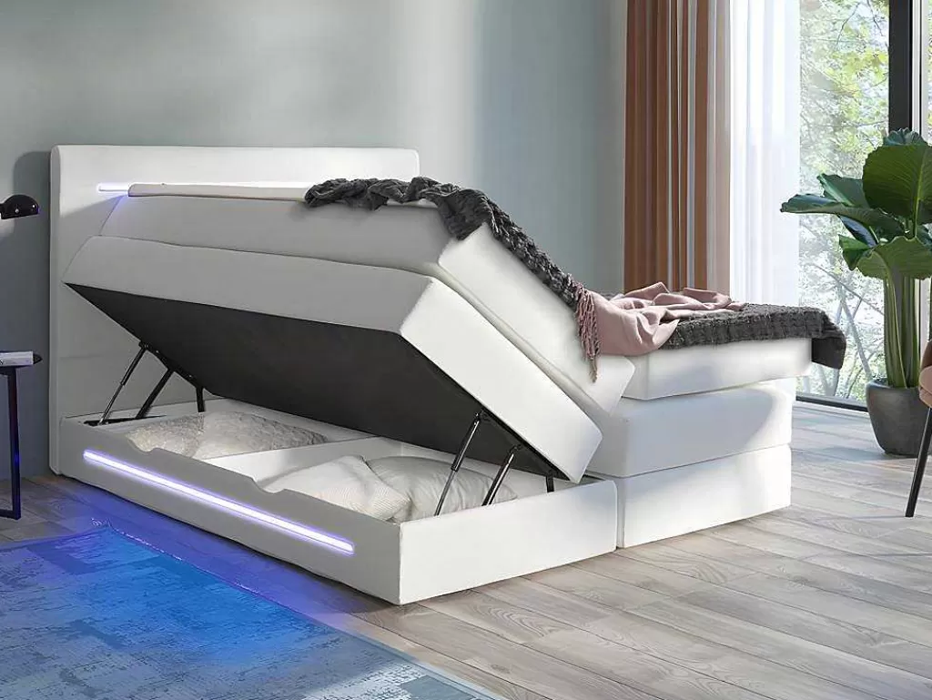 Cama Boxspring, Cama Continental*DREAMEA Conjunto Boxspring: Cabeceira, Sommier Com Arrumação, Colchão + Sobrecolchão, 160 X 200 Cm, Branco, Pele Sintética - Keros Da