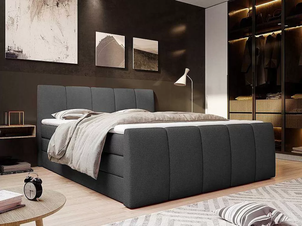 Cama Boxspring, Cama Continental*Palacio Conjunto Boxspring: Cabeceira, Sommier Com Espaco De Arrumação, Colchão, Sobrecolchão - Cinza Antracite - 160 X 200 Cm - Verone Da Dreamea