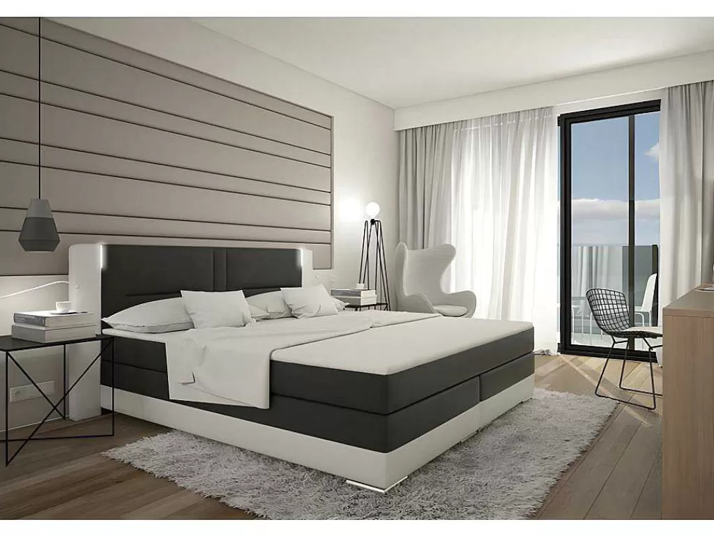 Cama Boxspring, Cama Continental*Ysmée Conjunto Boxspring Completo - Cabeceira Com Leds + Sommiers + Colchão + Sobrecolchão - 160X 200 Cm - Pele Sintética - Branco E Cinzento - Asti De Ysmee