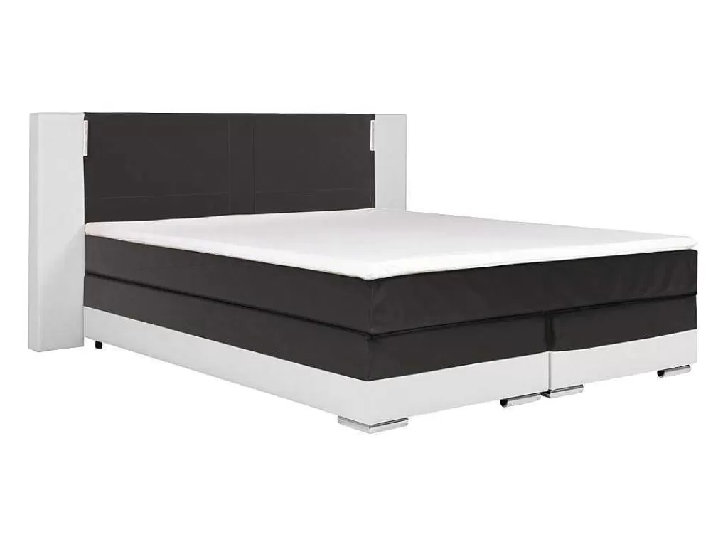 Cama Boxspring, Cama Continental*Ysmée Conjunto Boxspring Completo - Cabeceira Com Leds + Sommiers + Colchão + Sobrecolchão - 160X 200 Cm - Pele Sintética - Branco E Cinzento - Asti De Ysmee
