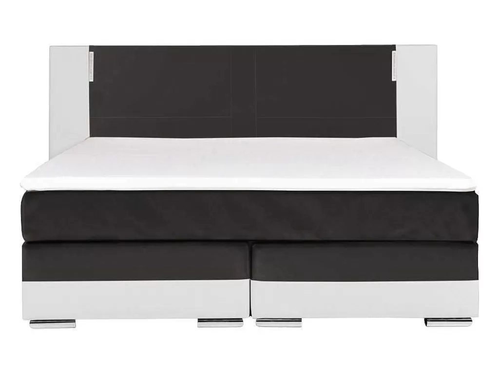 Cama Boxspring, Cama Continental*Ysmée Conjunto Boxspring Completo - Cabeceira Com Leds + Sommiers + Colchão + Sobrecolchão - 160X 200 Cm - Pele Sintética - Branco E Cinzento - Asti De Ysmee