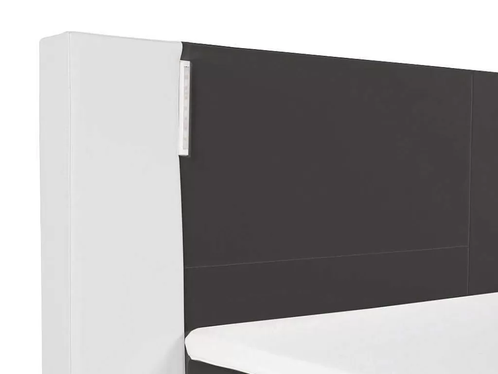 Cama Boxspring, Cama Continental*Ysmée Conjunto Boxspring Completo - Cabeceira Com Leds + Sommiers + Colchão + Sobrecolchão - 160X 200 Cm - Pele Sintética - Branco E Cinzento - Asti De Ysmee