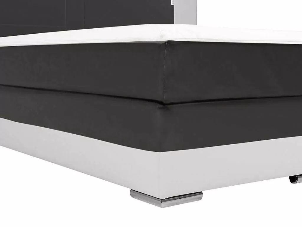 Cama Boxspring, Cama Continental*Ysmée Conjunto Boxspring Completo - Cabeceira Com Leds + Sommiers + Colchão + Sobrecolchão - 160X 200 Cm - Pele Sintética - Branco E Cinzento - Asti De Ysmee