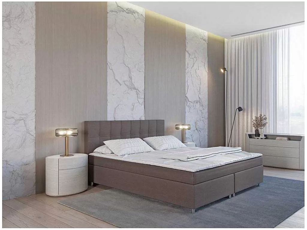 Cama Boxspring, Cama Continental*Ysmée Conjunto Boxspring Completo Cabeceira + Sommiers + Colchão + Sobrecolchão Siero Da Ysmee - 180 X 200 Cm - Tecido - Cinzento
