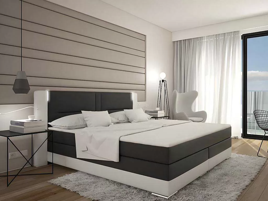 Cama Boxspring, Cama Continental*Ysmée Conjunto Boxspring Completo Cabeceira Com Leds + Sommiers + Colchão + Sobrecolchão Asti De Ysmee - 180 X 200 Cm - Pele Sintética - Branco E Cinza