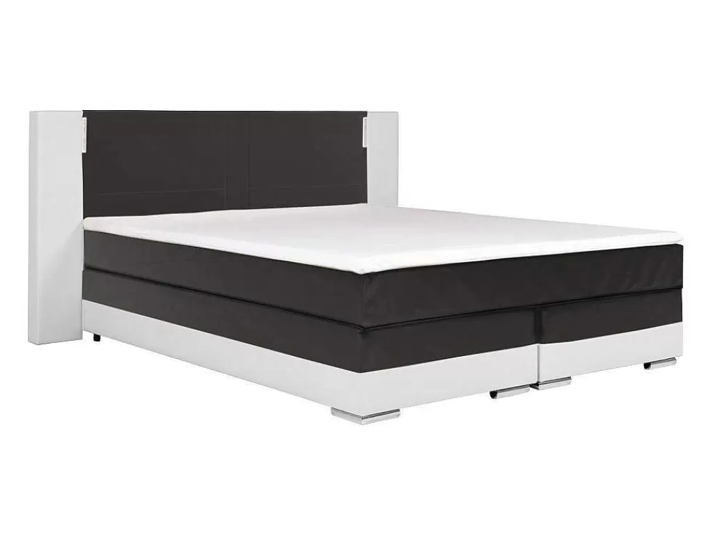 Cama Boxspring, Cama Continental*Ysmée Conjunto Boxspring Completo Cabeceira Com Leds + Sommiers + Colchão + Sobrecolchão Asti De Ysmee - 180 X 200 Cm - Pele Sintética - Branco E Cinza