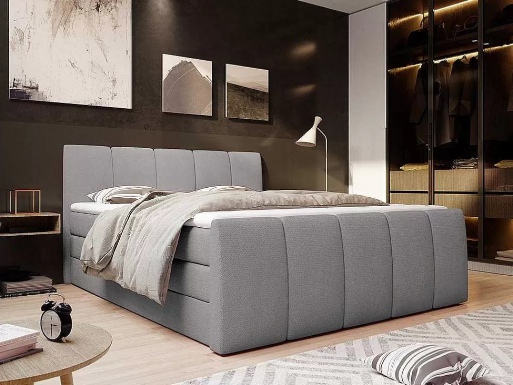 Cama Boxspring, Cama Continental*Palacio Conjunto Boxspring Completo Cabeceira De Cama + Sommiers Com Bau + Colchão + Sobrecolchão Verone - Cinza-Claro - 160X200 Cm