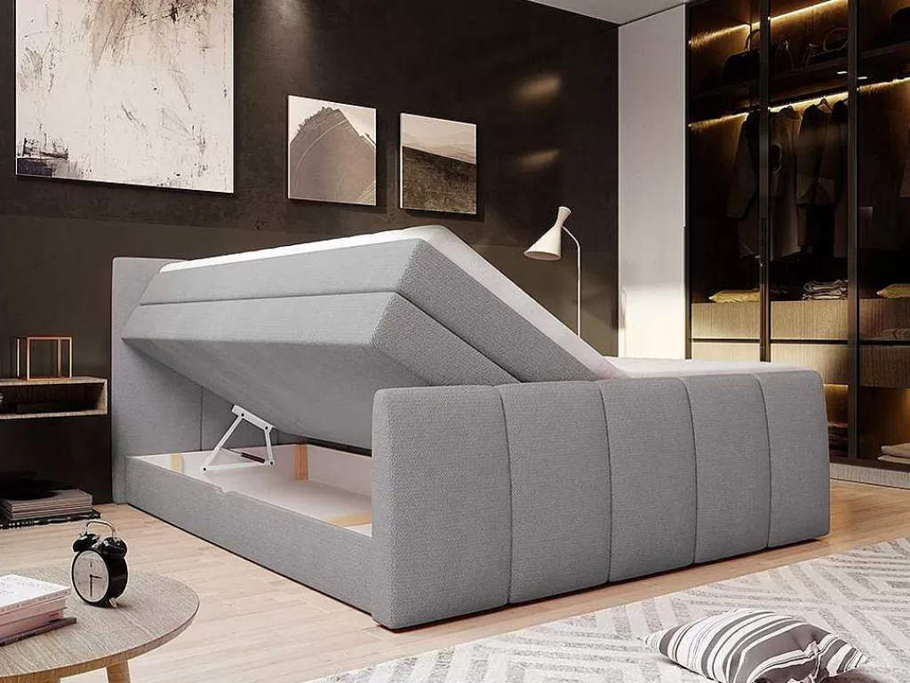 Cama Boxspring, Cama Continental*Palacio Conjunto Boxspring Completo Cabeceira De Cama + Sommiers Com Bau + Colchão + Sobrecolchão Verone - Cinza-Claro - 160X200 Cm