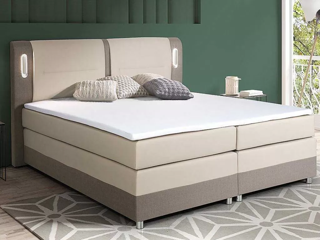 Cama Boxspring, Cama Continental*Ysmée Conjunto Boxspring Completo Cabeceira De Cama Com Leds + Sommiers + Colchão + Sobrecolchão Rimini Da Ysmee De 160 X 200 Cm Em Tecido E Pele Sintética Cor Bege E Cor Creme