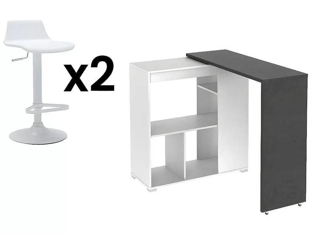 Móvel De Bar*Vente-unique Conjunto "Comer Em Pe": Móvel De Bar Saturne + 2 Bancos Altos Calas - Branco E Cinza Cimento