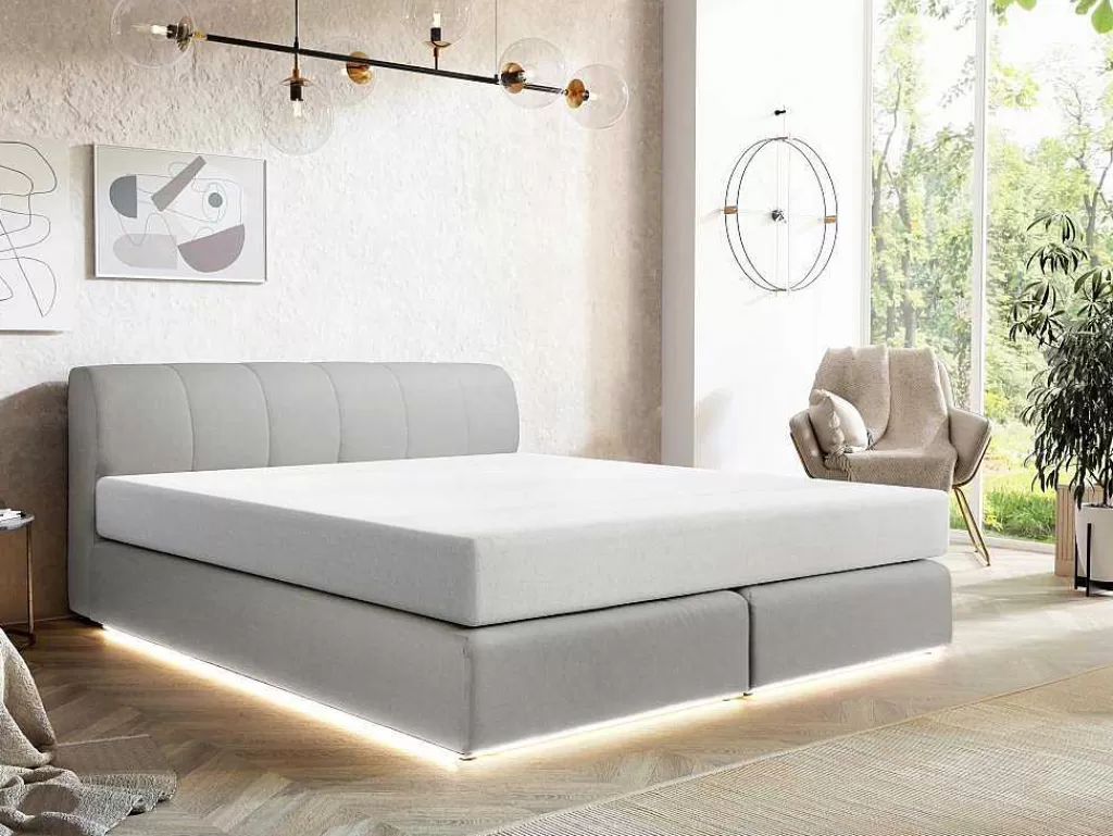 Cama Boxspring, Cama Continental*Ysmée Conjunto Completo Boxspring Cabeceira De Cama + Sommier Com Leds + Colchão 180X200 Cm Tecido Cinza - Otaru De Ysmee