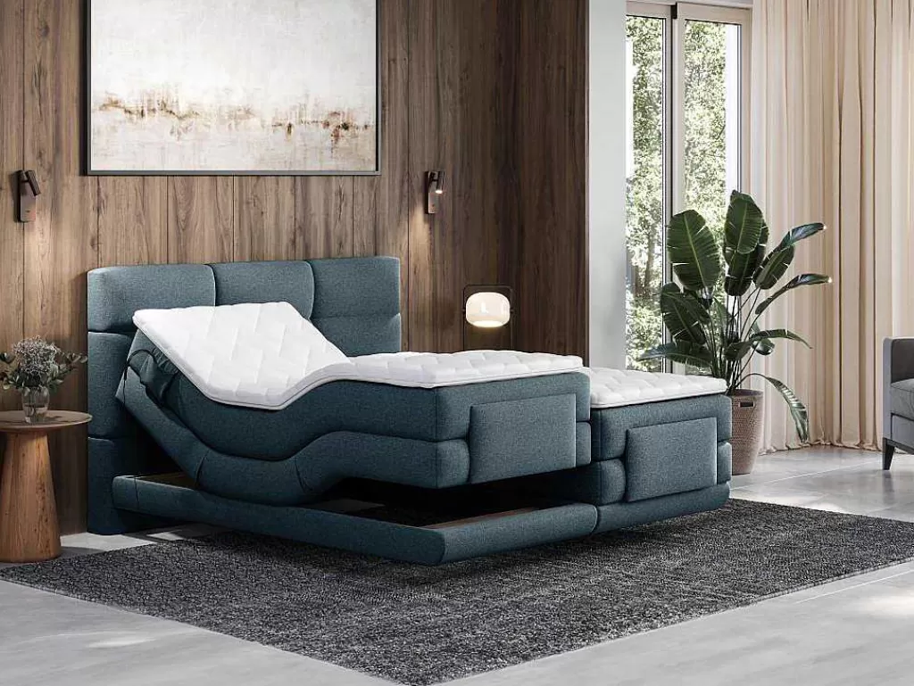 Cama Articulada*Palacio Conjunto Completo Boxspring Cabeceira De Cama Acolchoada + Sommiers Articulados Eletricos + Colchão + Sobrecolchão 2X80X200 Cm Tecido Azul - Lodi De