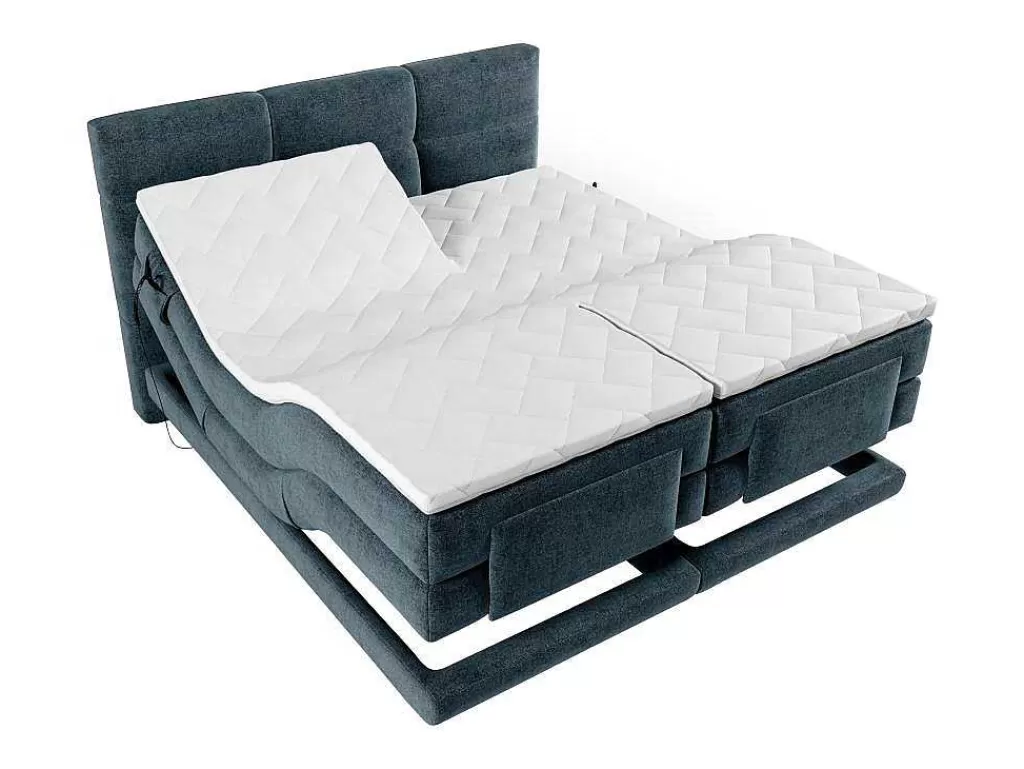Cama Articulada*Palacio Conjunto Completo Boxspring Cabeceira De Cama Acolchoada + Sommiers Articulados Eletricos + Colchão + Sobrecolchão 2X80X200 Cm Tecido Azul - Lodi De