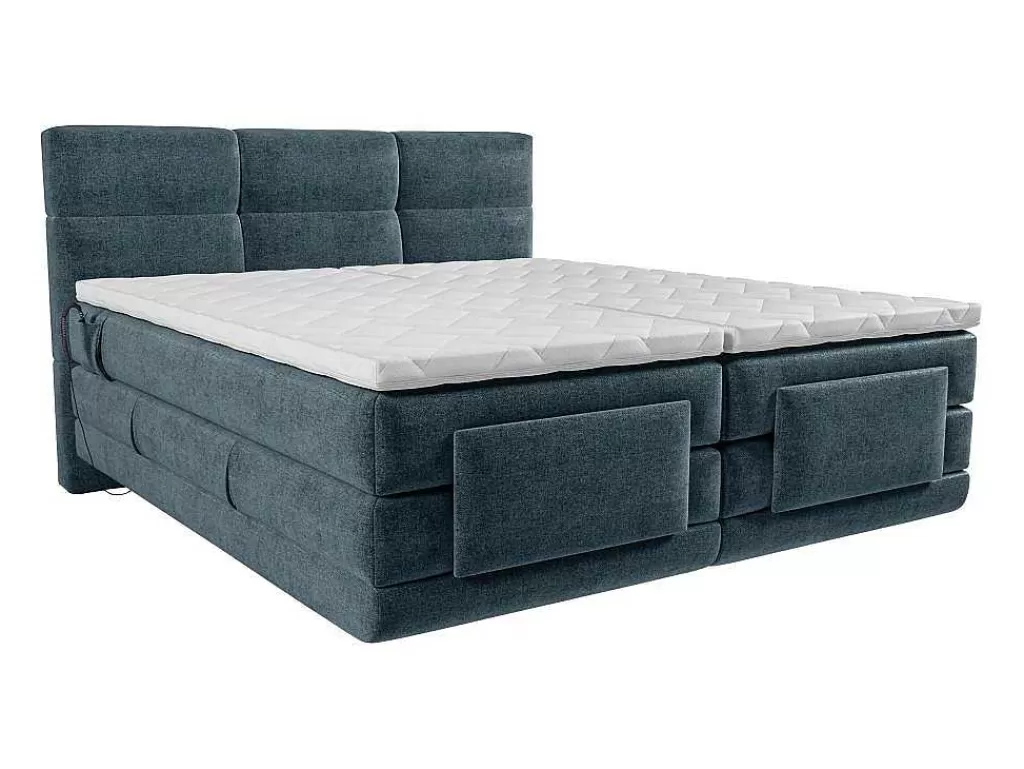 Cama Articulada*Palacio Conjunto Completo Boxspring Cabeceira De Cama Acolchoada + Sommiers Articulados Eletricos + Colchão + Sobrecolchão 2X90X200 Cm Tecido Azul - Lodi De
