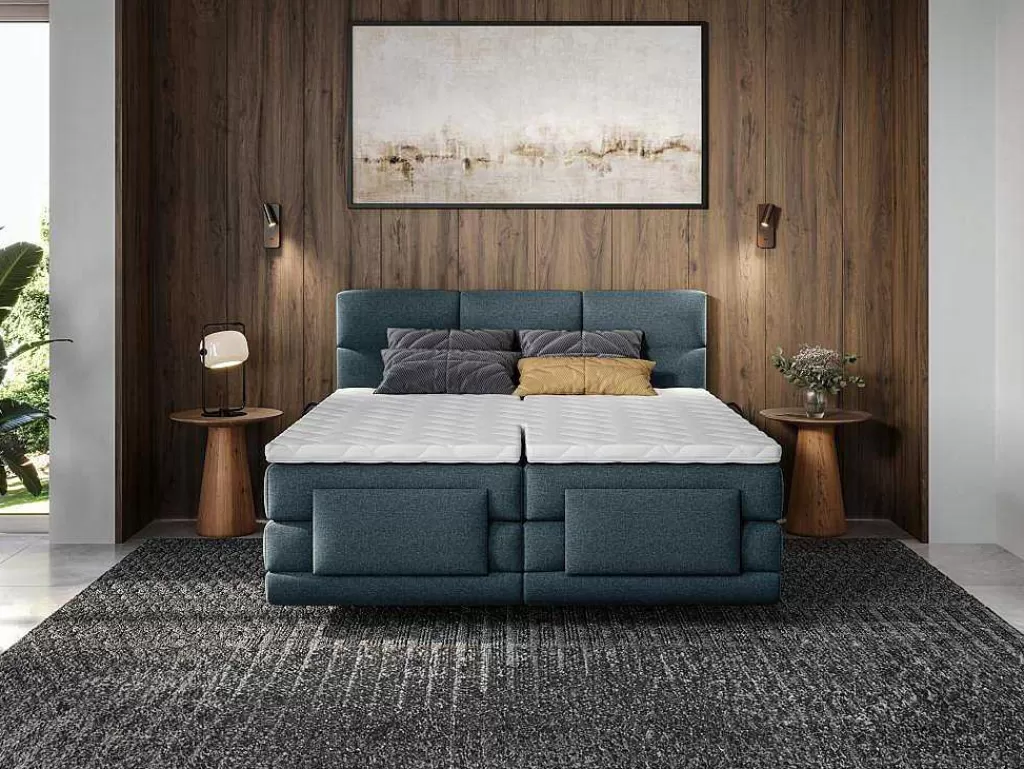 Cama Articulada*Palacio Conjunto Completo Boxspring Cabeceira De Cama Acolchoada + Sommiers Articulados Eletricos + Colchão + Sobrecolchão 2X90X200 Cm Tecido Azul - Lodi De