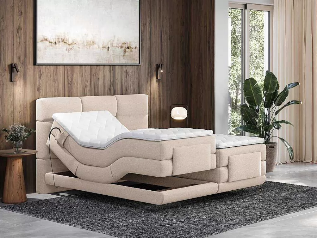 Cama De Adulto*Palacio Conjunto Completo Boxspring, Cabeceira De Cama Acolchoada + Sommiers Articulados Eletricos + Colchão + Sobrecolchão 2X90X200 Cm Tecido Bege - Lodi Da