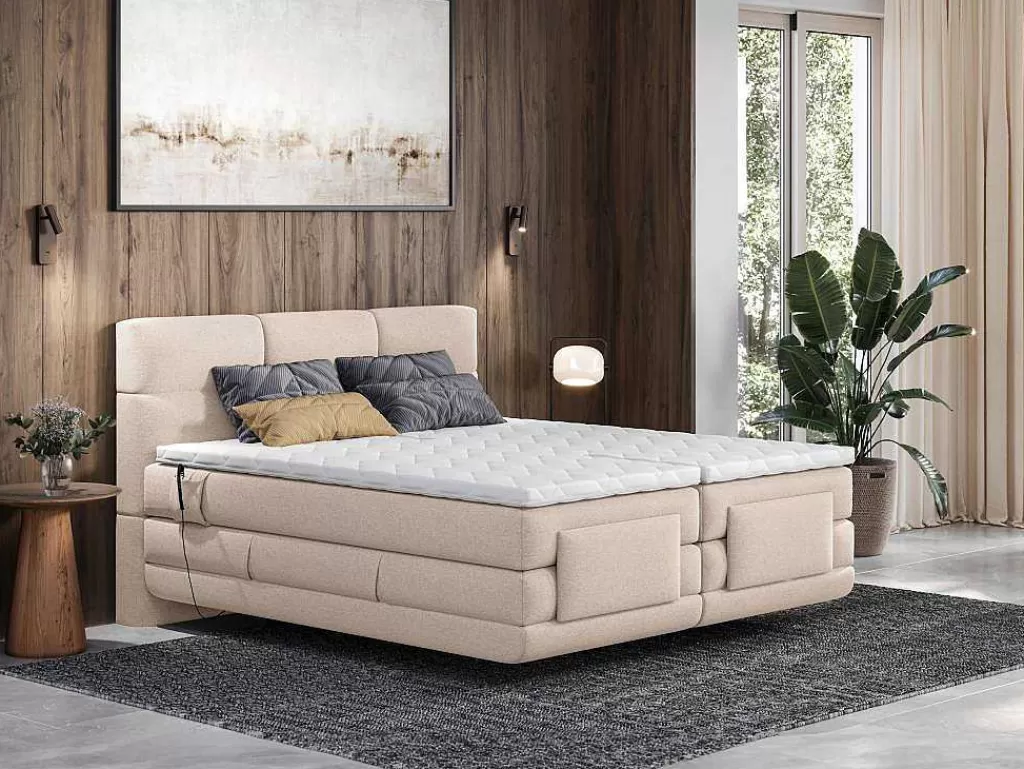Cama De Adulto*Palacio Conjunto Completo Boxspring, Cabeceira De Cama Acolchoada + Sommiers Articulados Eletricos + Colchão + Sobrecolchão 2X90X200 Cm Tecido Bege - Lodi Da
