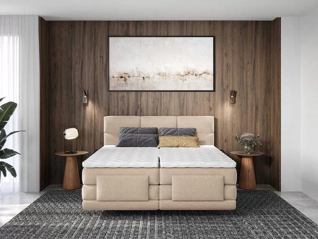 Cama De Adulto*Palacio Conjunto Completo Boxspring, Cabeceira De Cama Acolchoada + Sommiers Articulados Eletricos + Colchão + Sobrecolchão 2X90X200 Cm Tecido Bege - Lodi Da
