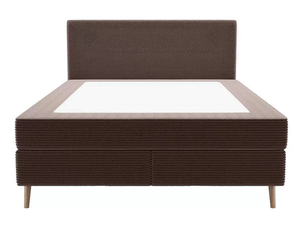 Cama Boxspring, Cama Continental*Ysmée Conjunto Completo Boxspring Com Cabeceira + Sommier + Colchão + Sobrecolchão 160 X 200 Cm Veludo Canelado Castanho - Nara De Ysmee