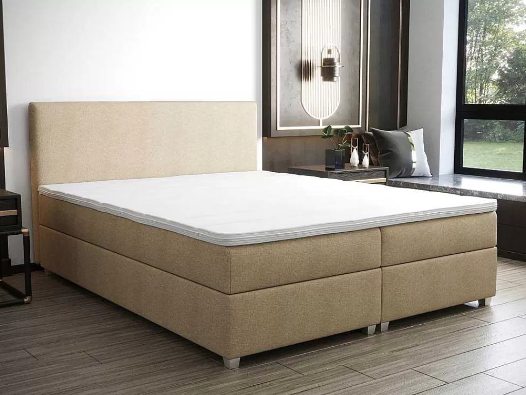 Cama Boxspring, Cama Continental*Ysmée Conjunto Completo Boxspring Com Cabeceira + Sommier + Colchão + Sobrecolchão 180 X 200 Cm Tecido Bege - Onan De Ysmee