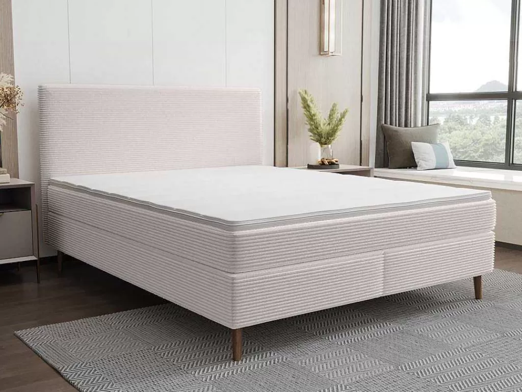Cama De Adulto*Ysmée Conjunto Completo Boxspring Com Cabeceira + Sommier + Colchão + Sobrecolchão 180 X 200 Cm Veludo Canelado Bege - Nara De Ysmee