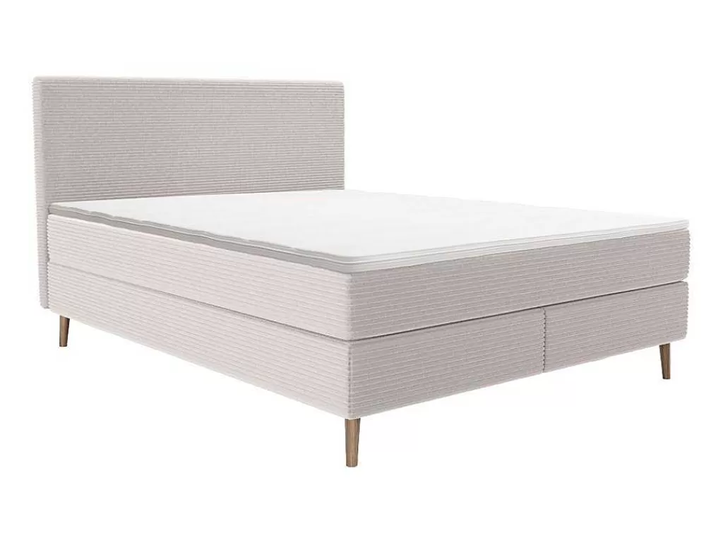 Cama De Adulto*Ysmée Conjunto Completo Boxspring Com Cabeceira + Sommier + Colchão + Sobrecolchão 180 X 200 Cm Veludo Canelado Bege - Nara De Ysmee