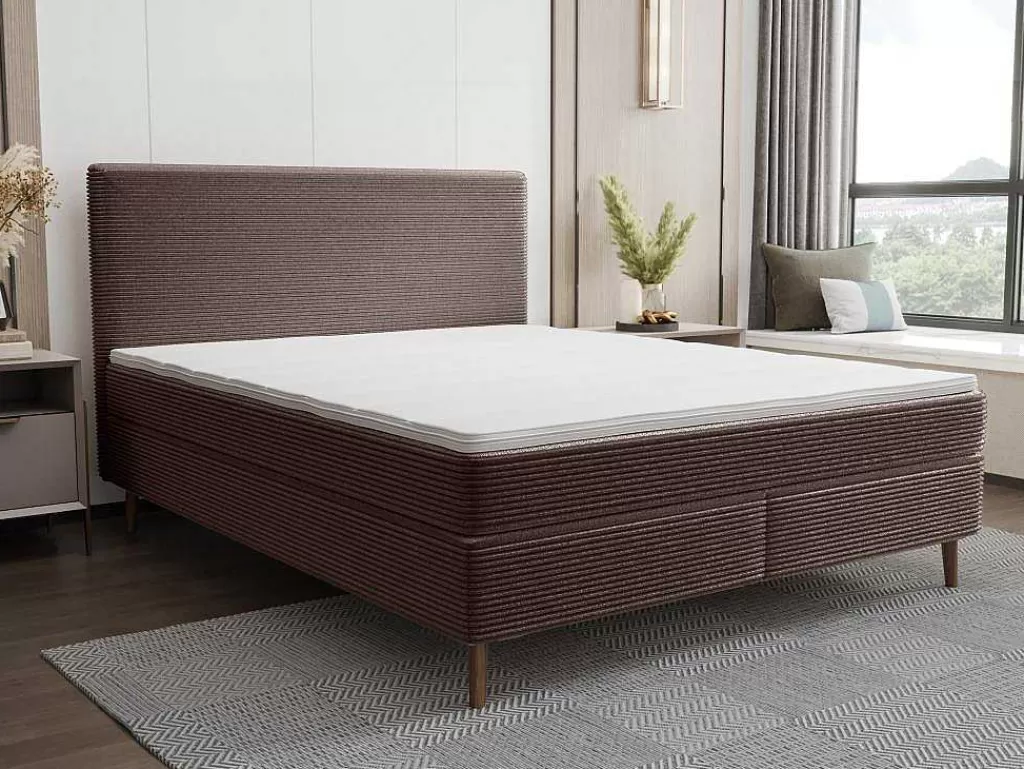 Cama Boxspring, Cama Continental*Ysmée Conjunto Completo Boxspring Com Cabeceira + Sommier + Colchão + Sobrecolchão 180 X 200 Cm Veludo Canelado Castanho - Nara De Ysmee
