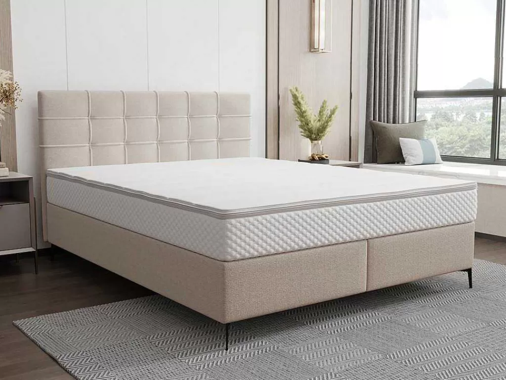 Cama Boxspring, Cama Continental*Ysmée Conjunto Completo Boxspring Com Cabeceira Estofada + Sommier + Colchão + Sobrecolchão 160 X 200 Cm Tecido Bege - Inao De Ysmee