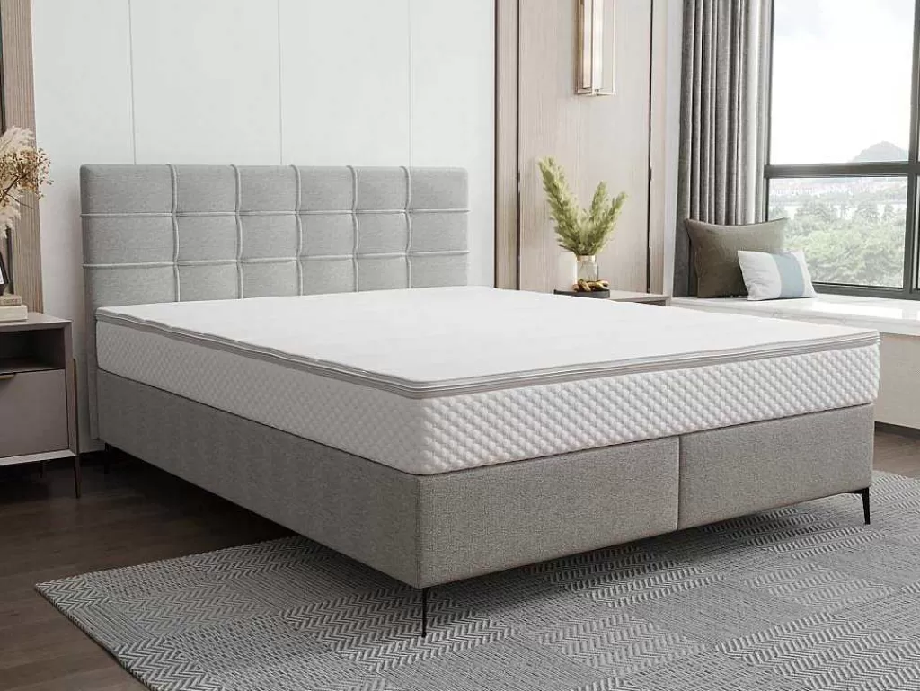 Cama Boxspring, Cama Continental*Ysmée Conjunto Completo Boxspring Com Cabeceira Estofada + Sommier + Colchão + Sobrecolchão 160 X 200 Cm Tecido Cinza-Claro - Inao De Ysmee