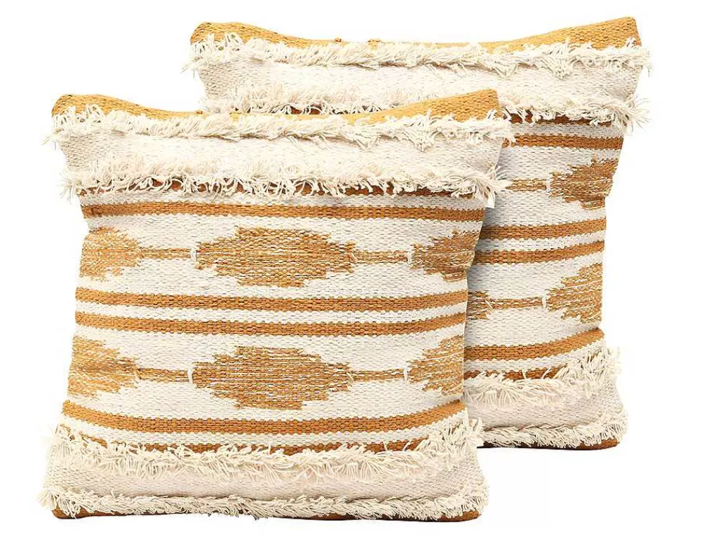 Têxtil De Casa*OZAIA Conjunto De 2 Almofadas Com Franjas Em Algodao De 40 X 40 Cm Cor Amarelo E Bege - Karius