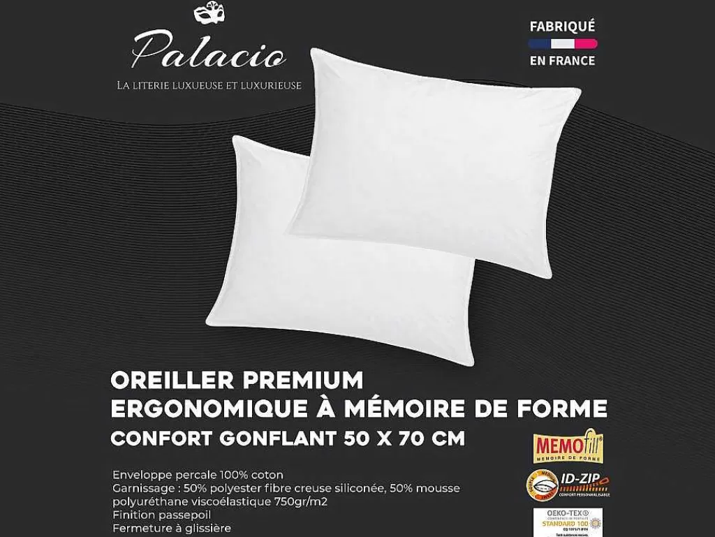 Almofada*Palacio Conjunto De 2 Almofadas Memória De Forma Memofill 50 X 70 Cm Percal De Algodao 91 Fios/Cm 750 G Branco - Auxence