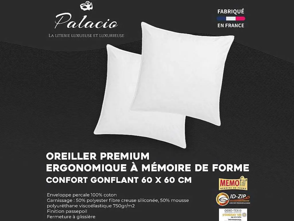Almofada*Palacio Conjunto De 2 Almofadas Memória De Forma Memofill 60 X 60 Cm Percal De Algodao 91 Fios/Cm 750 G Branco - Auxence