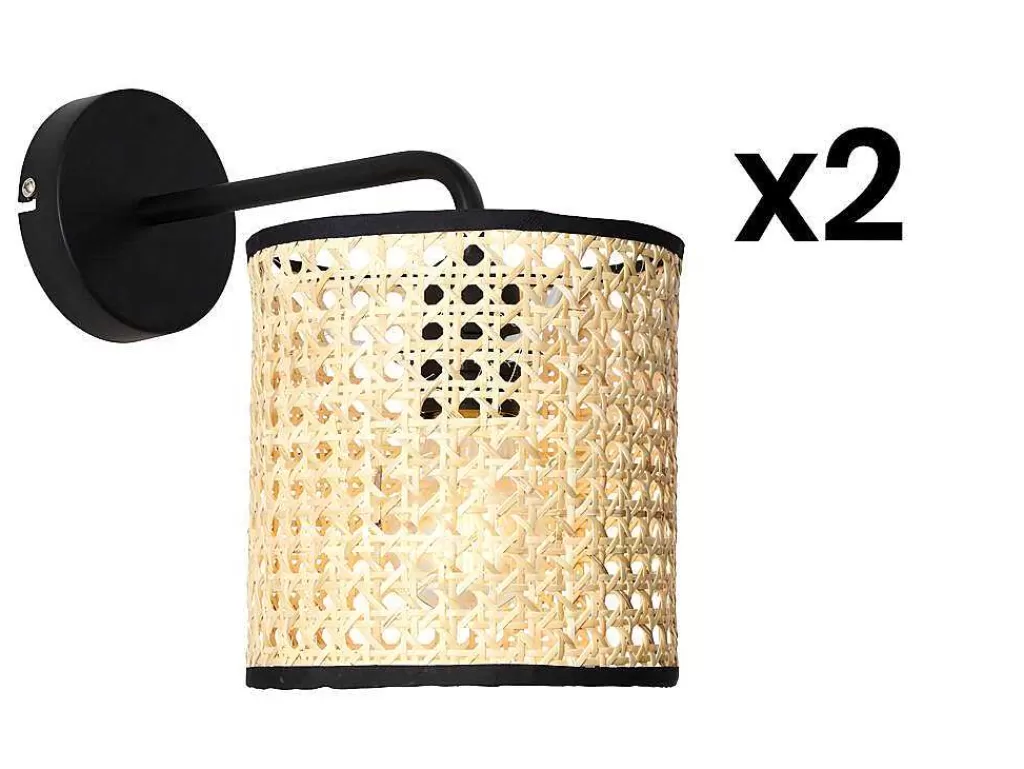 Candeeiro De Parede*OZAIA Conjunto De 2 Apliques Empalhados Estilo Etnico Em Ferro E Rotim De A. 25 Cm Cor Preto E Natural - Neirobi
