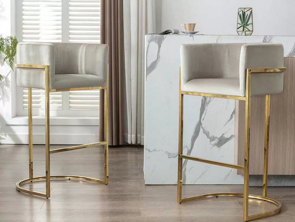 Bancos De Bar*PASCAL MORABITO Conjunto De 2 Bancos Altos Em Veludo E Aco Inoxidavel Bege E Dourado - Peria De