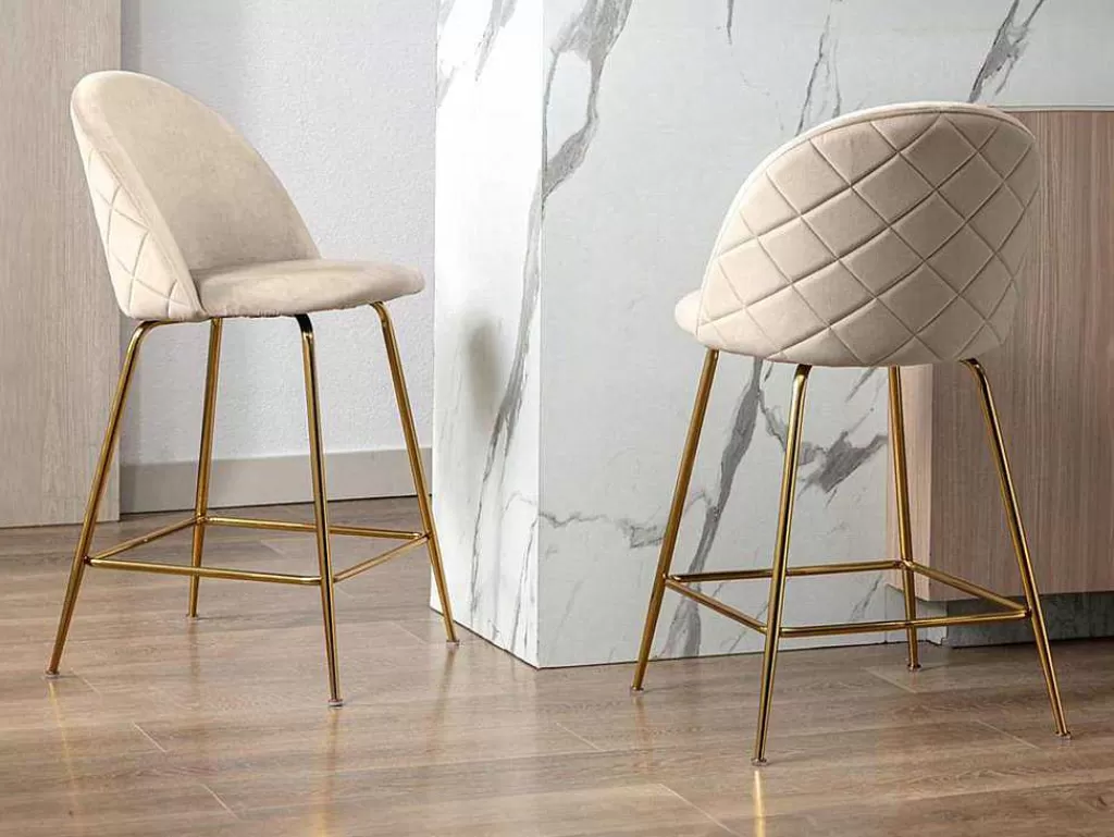Bancos De Bar*Vente-unique Conjunto De 2 Bancos Altos Em Veludo E Metal Dourado Cor Bege - Melbourne