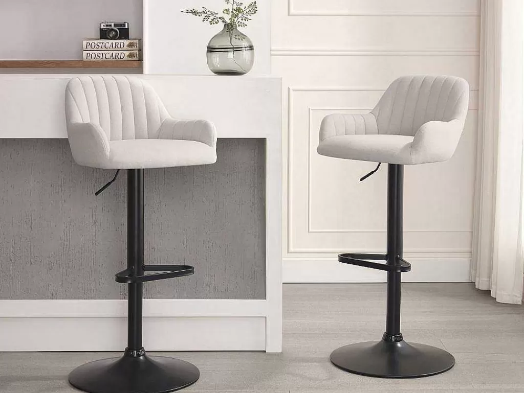 Bancos De Bar*Vente-unique Conjunto De 2 Bancos Altos Tecido E Metal Preto, Altura Ajustavel, Cor Creme - Eleana