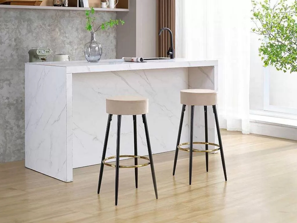 Bancos De Bar*Vente-unique Conjunto De 2 Bancos Altos Veludo E Aco Preto, Bege E Dourado - Belinio I