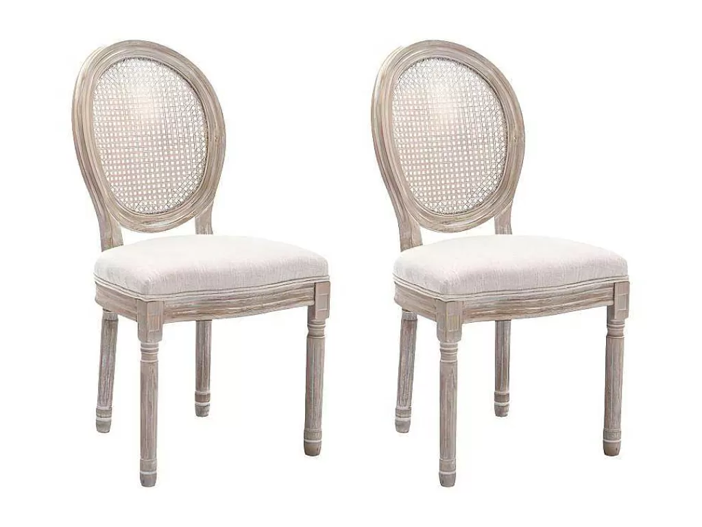 Cadeira*Vente-unique Conjunto De 2 Cadeiras Empalhadas, Tecido E Madeira De Hevea Bege - Antoinette