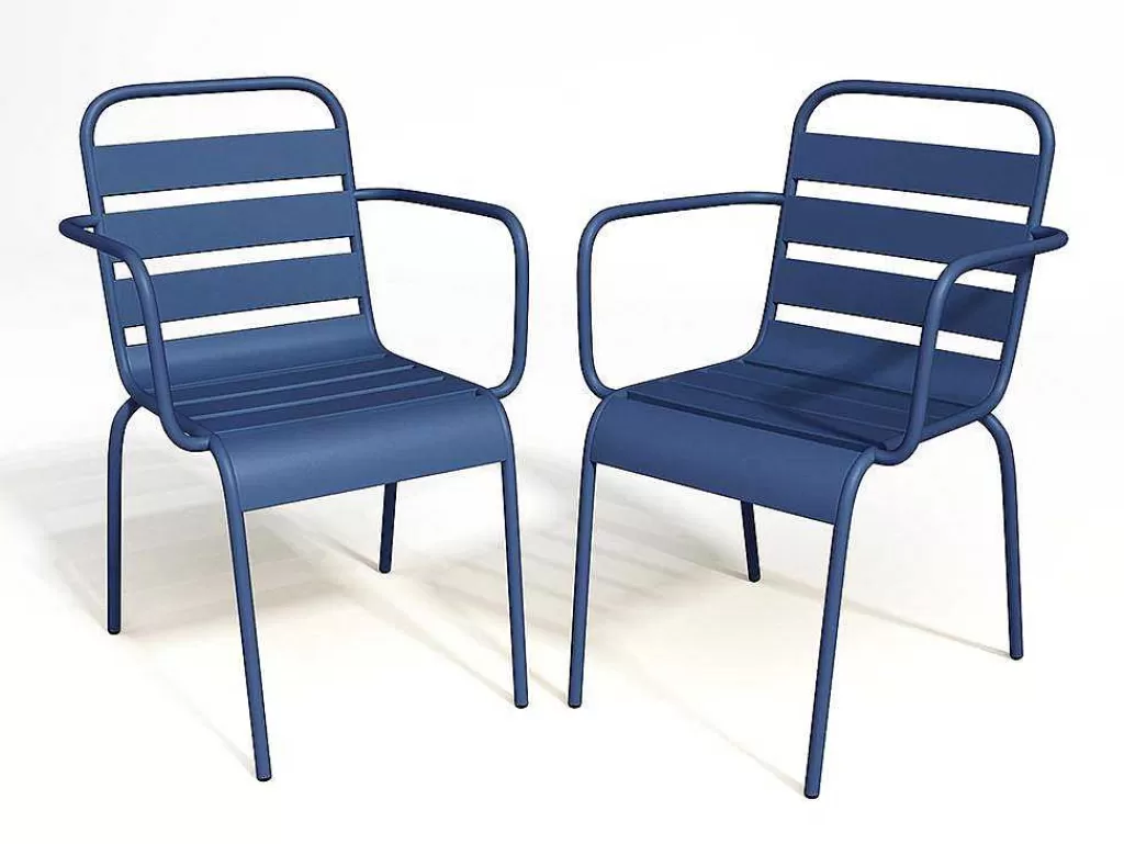 Conjunto Mesa E Cadeiras De Jardim*MYLIA Conjunto De 2 Cadeiroes De Jardim Empilhaveis Em Metal Azul-Escuro - Mirmande